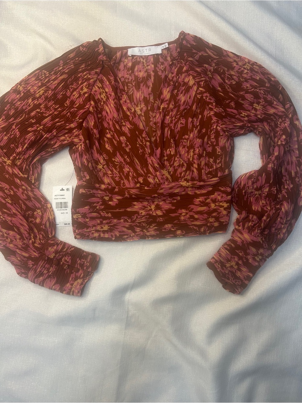 ASTR Floral Burgundy and Pink Wrap-Style Crop Blouse NWT Sz. XS